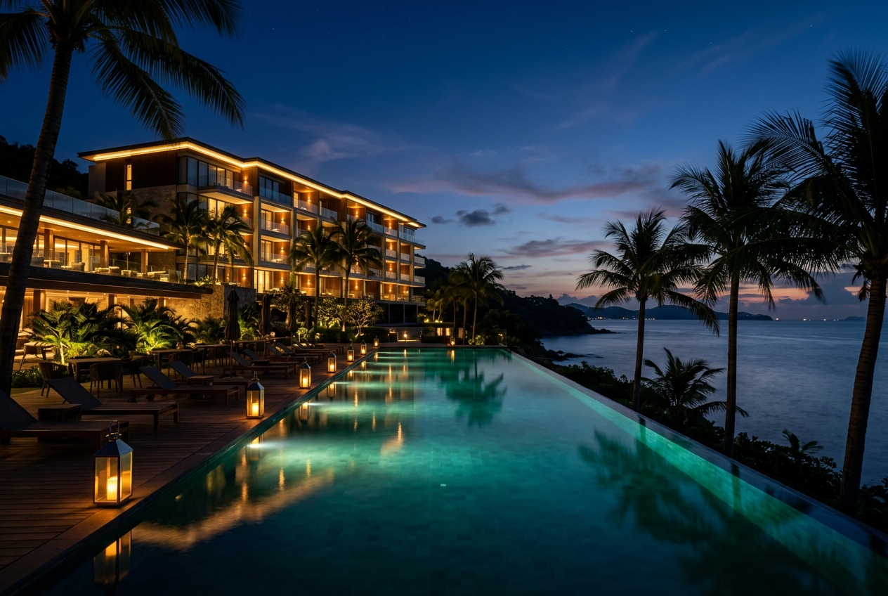 Luxury resort infinity pool at twilight